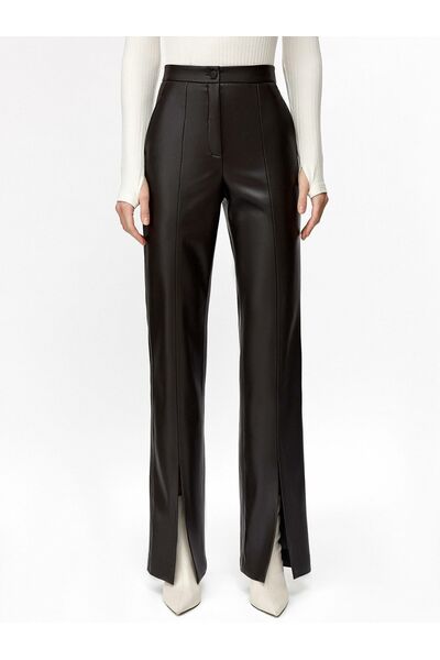 Брюки женские из экокожи тёмно-коричневые от byME 