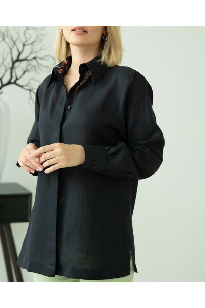 Женская льняная рубашка чёрная с отделкой цветы - 8287 от byME 