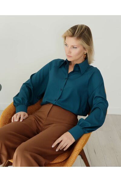 Женская рубашка в оверсайз силуэте под пуговицу с пышным рукавом бутылочная - 8406 от byME 