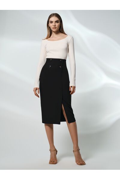Юбка-карандаш с разрезом и декоративными пуговицами чёрная от byME 