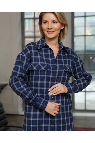 Женская рубашка синяя в клеточку с карманами - 8465 от byME 
