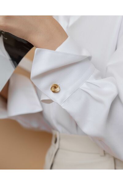 Женская рубашка с высоким манжетом под запонку белая фактура твилл - 8410 от byME 