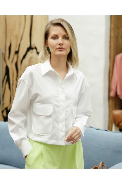 Женская рубашка укороченная с карманами белая - 8502 от byME 