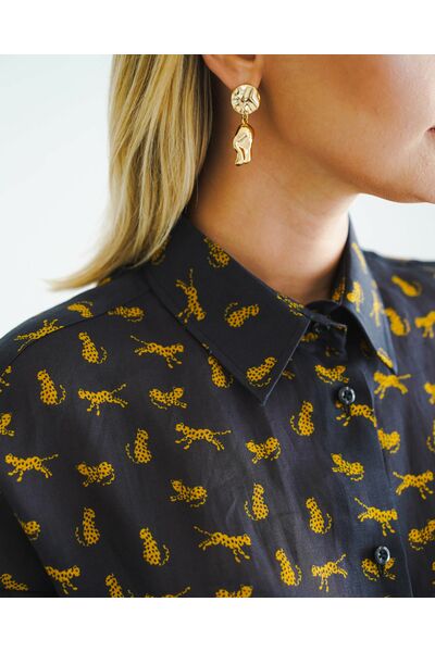 Женская рубашка из крапивы принт золотые леопарды на черном фоне- 8553 от byME 