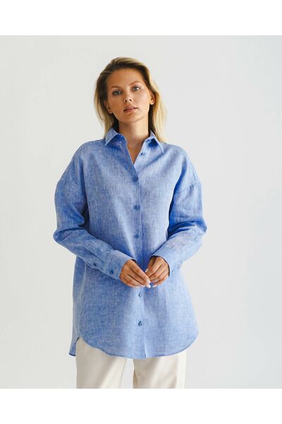 Женская рубашка голубая льняная- 8555 от byME 