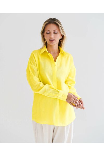 Женская рубашка изо льна оверсайз желтая - 8575 от byME 