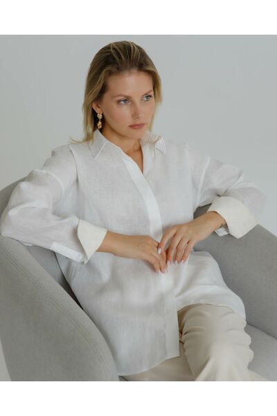 Женская рубашка в оверсайз льняная белая - 8577 от byME 