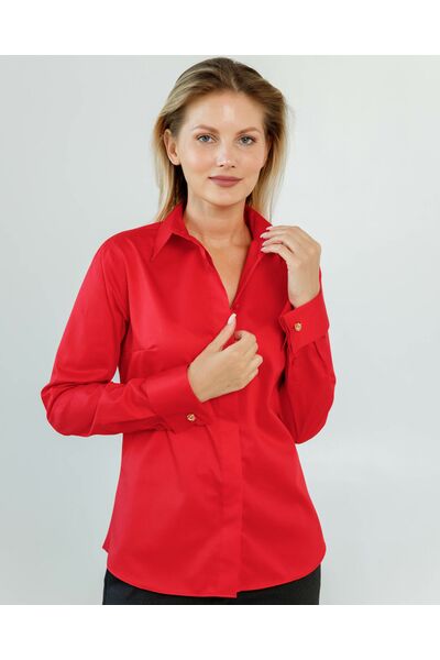 Женская рубашка полуприталенная под запонки красного цвета - 8620 от byME 