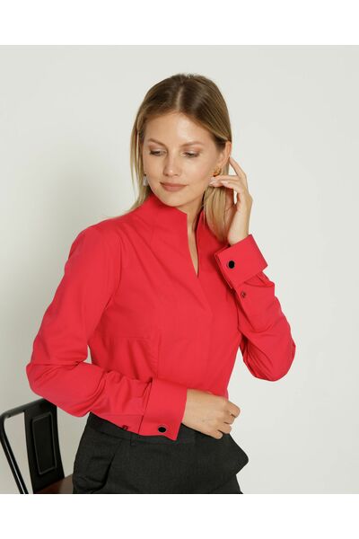 Женская рубашка под запонку воротник стойка красная - 8644 от byME 