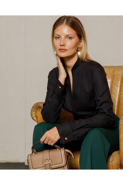 Рубашка черная под запонку воротник стойка - 8645 от byME 