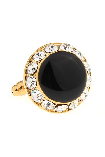 Запонки черно-золотистые круглые с кристаллами по краям - 170032 от  