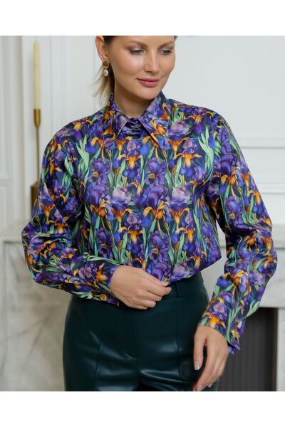 Женская рубашка из хлопка с принтом ирисы с универсальной манжетой - 8731 от byME 