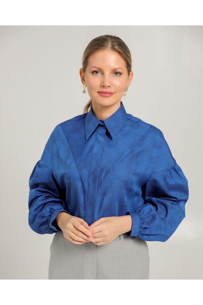 Женская рубашка полуприталенная  синяя  из района и тенсела  синяя - 8753 от byME 