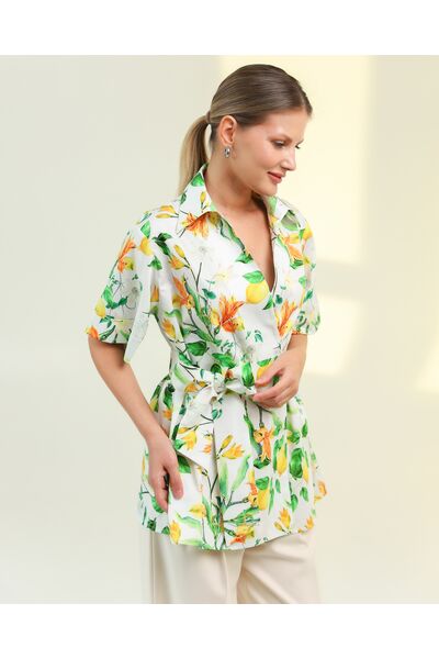 Женская рубашка на запах из хлопка принт лимоны-8797 от byME 