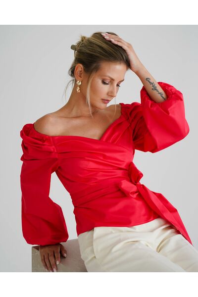 Женская рубашка на запах красная  из хлопка сатинового плетения  8815 от byME 