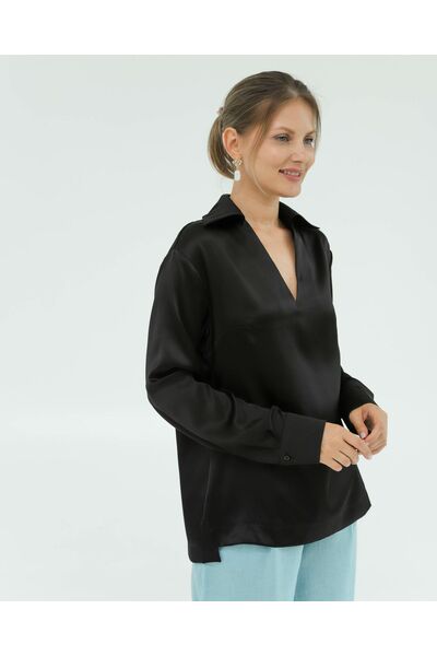 Женская рубашка из шёлка в чёрном цвете 8822 от byME 
