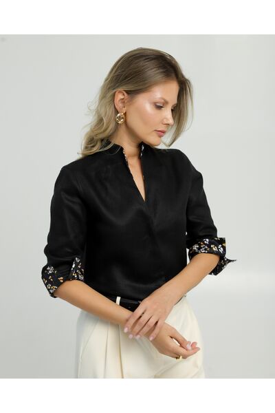 Женская рубашка воротник стойка изо льна с отделкой  удлиненная рукав 3/4 - 8833 от byME 