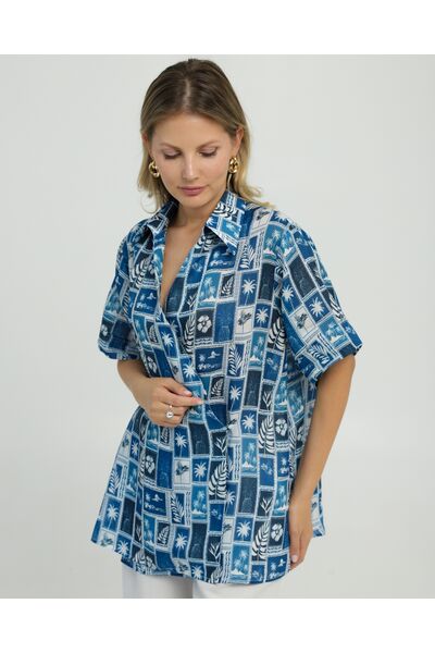 Женска рубашка на запах из крапивы принт синие тропики  8846 от byME 