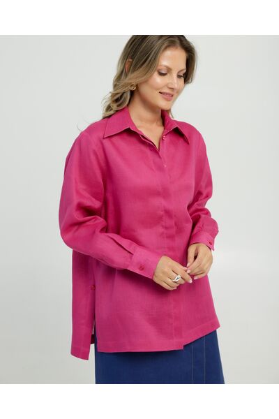 Женская рубашка с пуговицами по бокам изо льна ягодного цвета 8854 от byME 