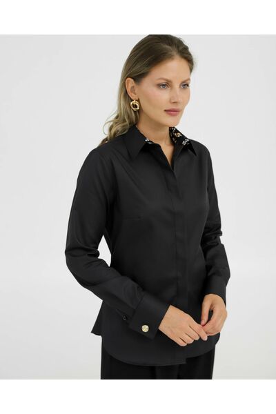 Рубашка хлопковая под запонки черная с отделкой 8921 от byME 