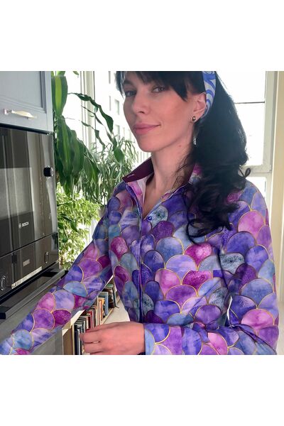 Женская рубашка  принт - яркие шарики, под пуговицы с супатной застежкой полуприталенная - 7814 от DoubleCuff 