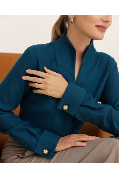 Рубашка синяя под запонки  воротник стойка - 8942 от byME 