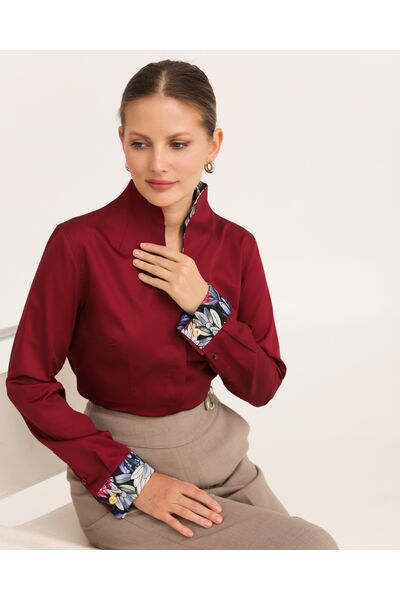 Рубашка под запонки из хлопка вишневая воротник стойка - 8943 от byME 