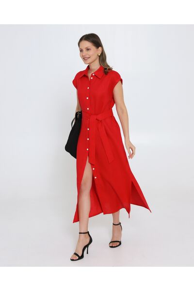 Платье красное изо льна-D1-1000 от byME 