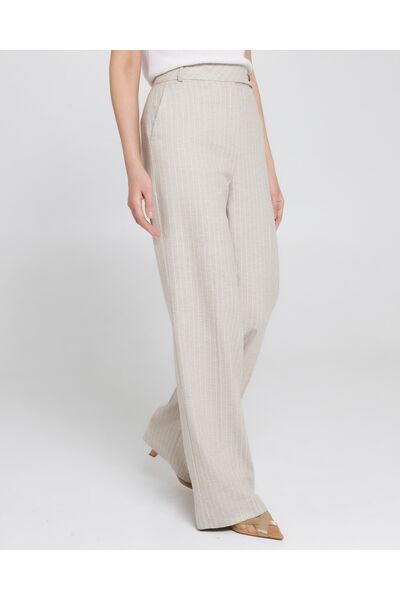 Женские брюки из хлопка и льна бежевые в тонкую полоску-B0010 от byME 