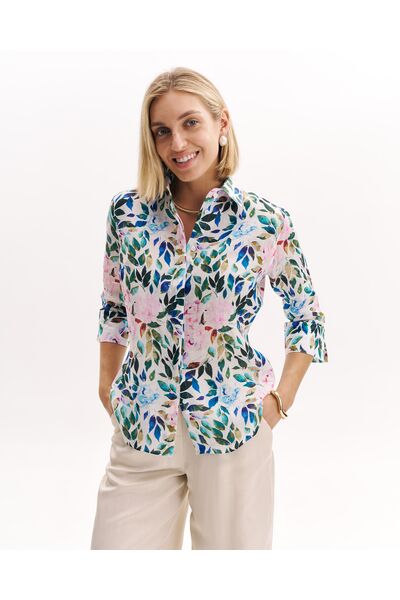 Женская рубашка из крапивы принт Розовые цветы и лепестки с рукавом 3/4  8985 от byME 