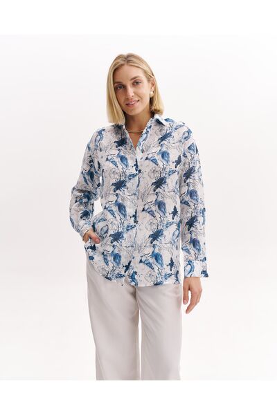 Женская рубашка из крапивы принт цапли и цветы-8997 от byME 