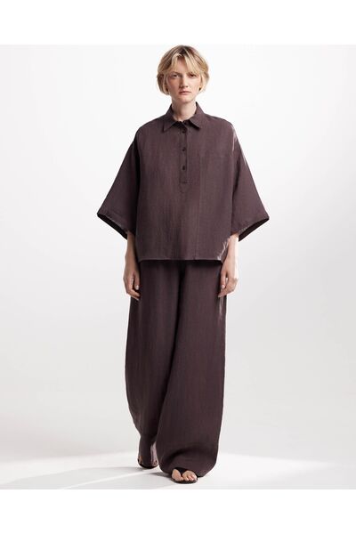 Женская рубашка изо льна коричневая от  