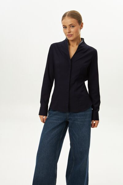 Рубашка темно-синяя воротник стойка под пуговицы с отделкой - 9058 от byME 