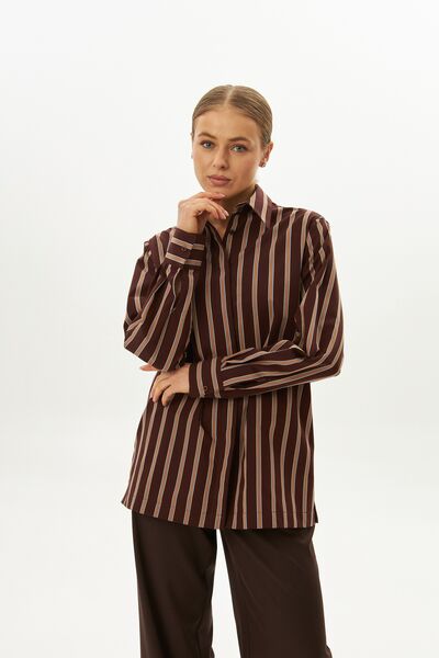Рубашка хлопковая с универсальным манжетом коричневая в полоску - 9070 от byME 