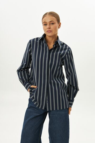 Рубашка хлопковая с универсальным манжетом синяя в полоску - 9071 от byME 