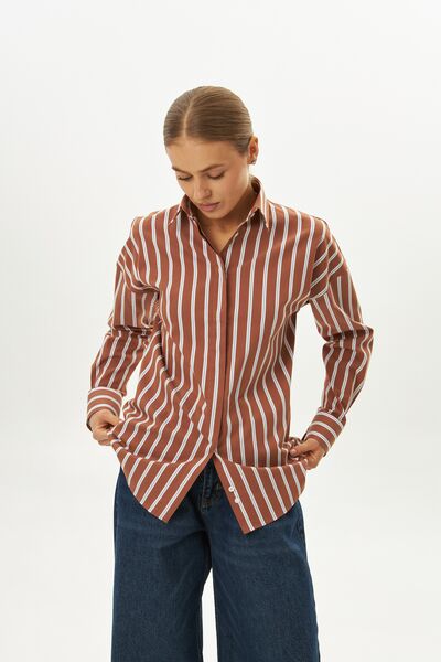 Женская рубашка коричневая с голубым полоска оверсайз из хлопка 9072 от byME 