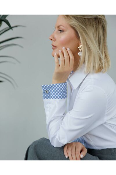 Женская рубашка из хлопка белая с отделкой орнамент под запонки 8983 от byME 