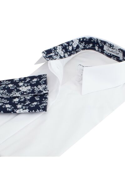 Женская рубашка под пуговицы белого цвета с яркой отделкой - 7478 от DoubleCuff 