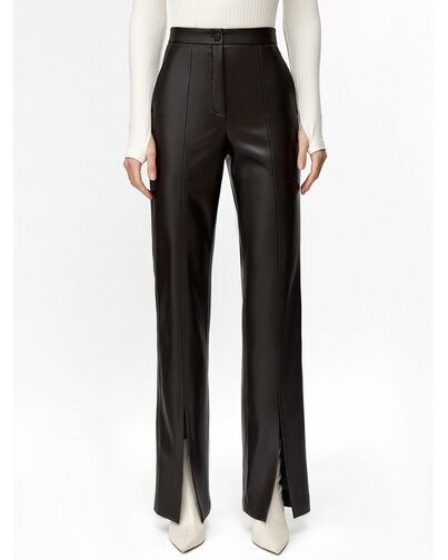 Брюки женские из экокожи тёмно-коричневые от byME 