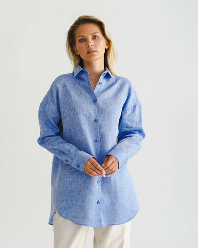 Женская рубашка голубая льняная- 8555 от byME 