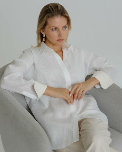 Женская рубашка в оверсайз льняная белая - 8577 от byME 