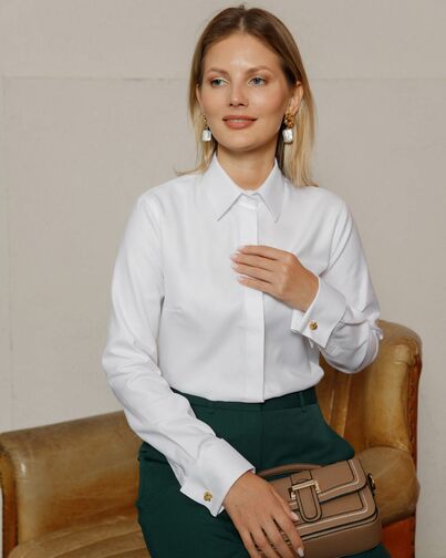 Женская рубашка под запонку полуприталенная белая из фактурной ткани - 8487 от byME 