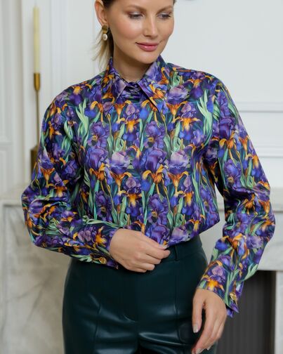 Женская рубашка из хлопка с принтом ирисы с универсальной манжетой - 8731 от byME 