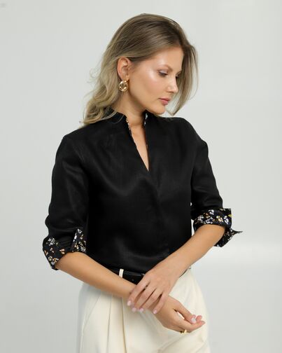 Женская рубашка воротник стойка изо льна с отделкой  удлиненная рукав 3/4 - 8833 от byME 