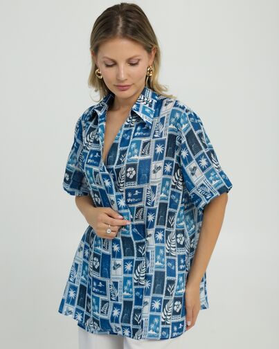 Женска рубашка на запах из крапивы принт синие тропики  8846 от byME 