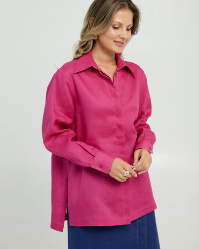 Женская рубашка с пуговицами по бокам изо льна ягодного цвета 8854 от byME 