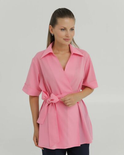 Рубашка хлопковая жатой фактуры розовая на запах 8888 от byME 