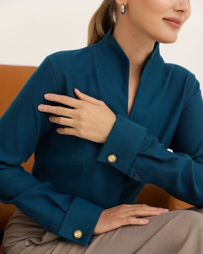 Рубашка синяя под запонки  воротник стойка - 8942 от byME 