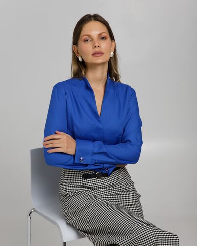 Рубашка из бамбука  синяя с воротником стойкой и манжетой под запонки 8962 от byME 