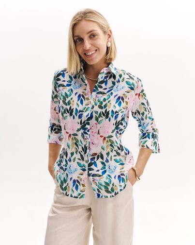 Женская рубашка из крапивы принт Розовые цветы и лепестки с рукавом 3/4  8985 от byME 